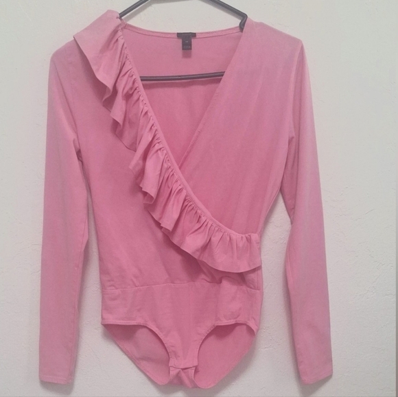 J. Crew Pink Ruffle Front Wrap Bodysuit Deep Blossom Size XS - Picture 2 of 8